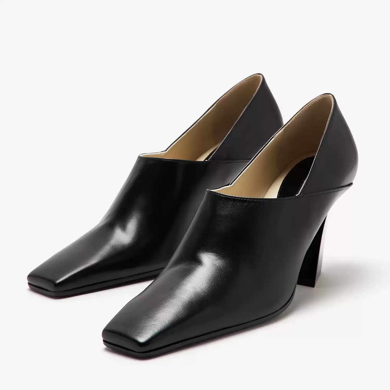 Women Formal Office Wear Shoes - レディース ブラック レザー スクエアトゥ ブロックヒール パンプス