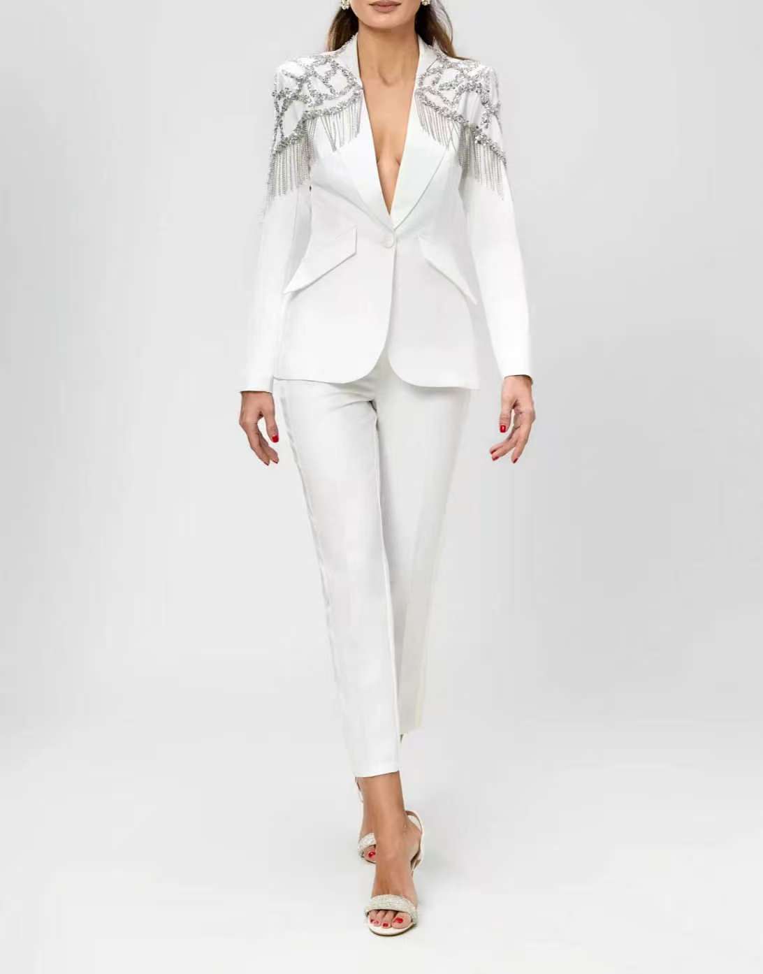 Women'S Formal Wear Wedding Guest - クリスタルビーズ女性スーツセット 2 個ブレザー + パンツズボン春綿カスタマイズされたフォーマルゲスト結婚式タキシードコートジャケット