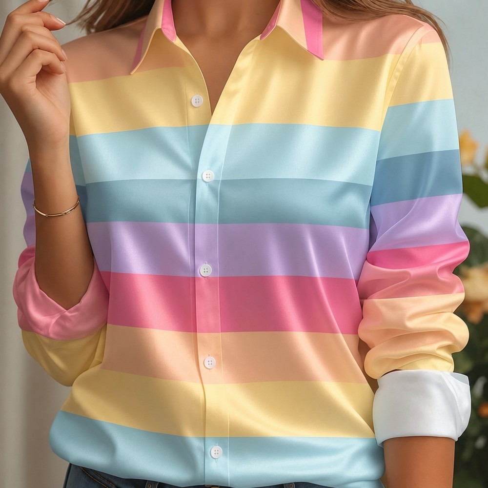 Women'S Work Fashion - 女性用サテンラペルカラーシャツ、パステルストライププリント、長袖ルーズブラウス、エレガントオフィスデイリーカジュアル、ボタンフロント、シルクのような肌触り