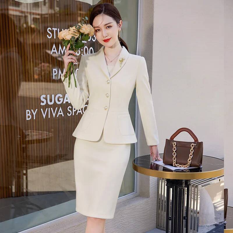 Women Formal Wear Stitching - 高品質生地 OLスタイル レディース ビジネススーツ トップスとドレス付き ブレザー