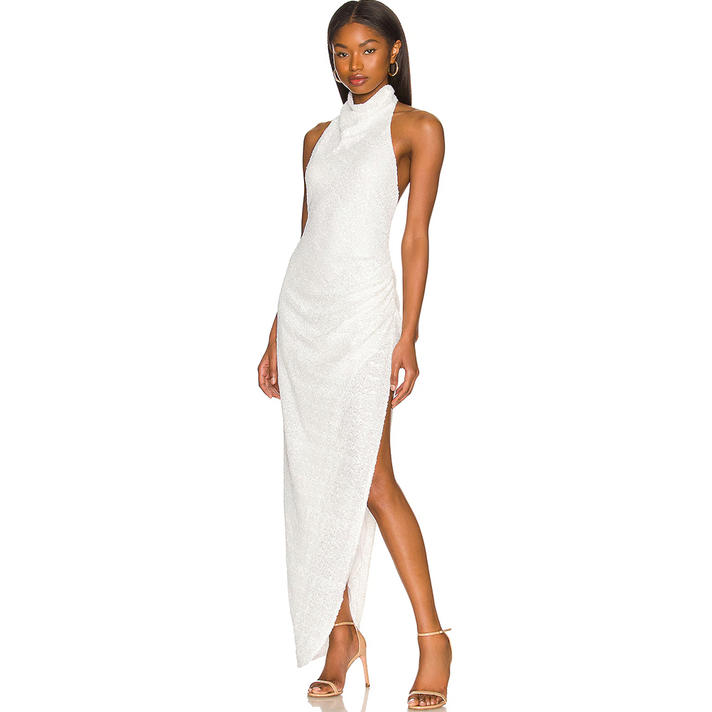 Women'S Formal Wear Wedding Guest - イブニングドレス ホルターネックラインドレス ホワイトスパンコール ハイスリット フォーマルウェア 女性用