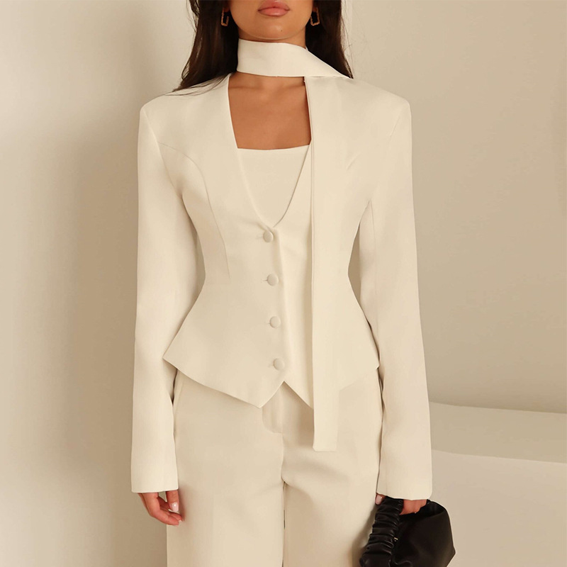 Women'S Formal Wear Wedding Guest - 秋の女性用スーツ、ワンピースショートブレザー、スカーフ付き、コットン素材、パーティー、プロム、セクシーなVネックジャケット、フォーマル、結婚式のゲスト、誕生日コート