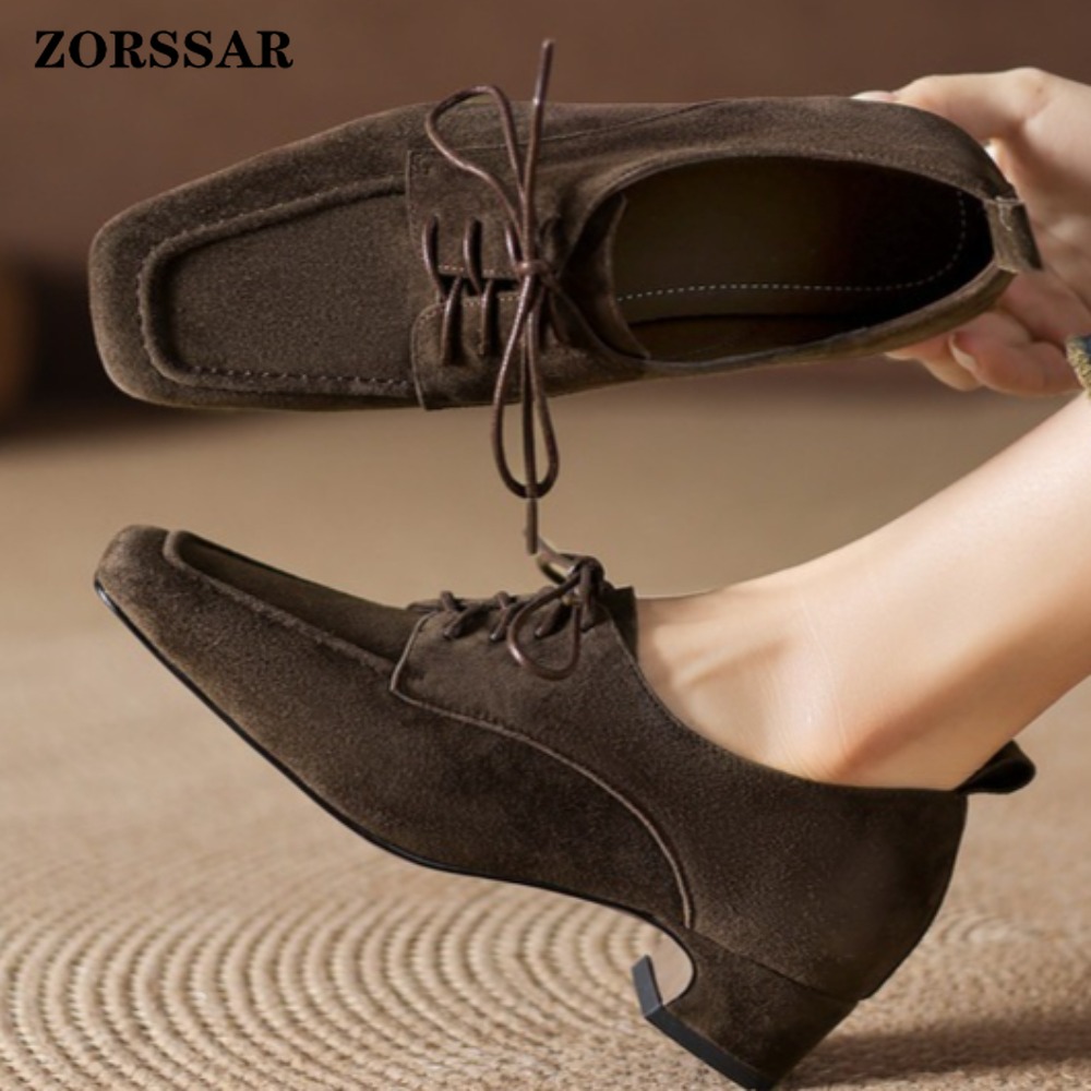 Women Formal Office Wear Shoes - レディース ブラウン スエード スクエアトゥ レースアップ オックスフォードシューズ、ローヒール