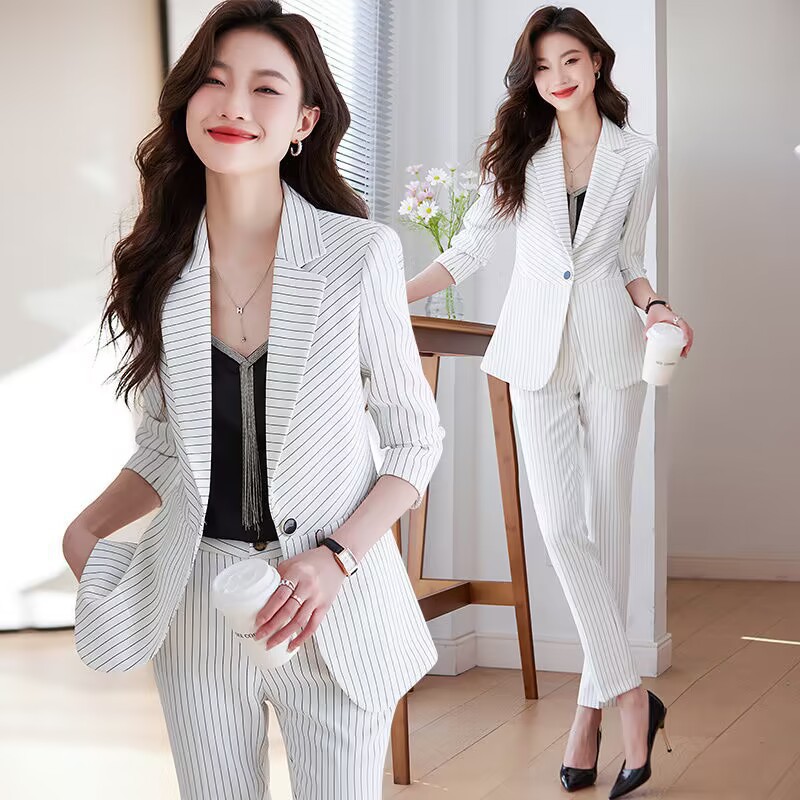 Women Formal Wear Store - ブルーストライプスーツ レディース2025新作 春秋 エレガントな女神スタイル ジュエリーショップ向けプロフェッショナルフォーマルウェア