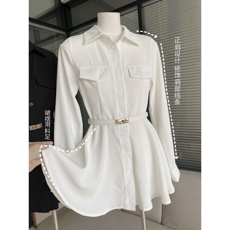 レディース ブラック シャツワンピース 長袖 ベルト付き ポ - Women Formal Wear Stitching のレビューと価格