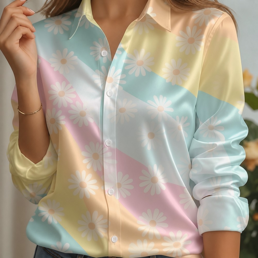 女性用サテンラペルカラーシャツ、パステルストライププリント、 - Women'S Work Fashion のレビューと価格