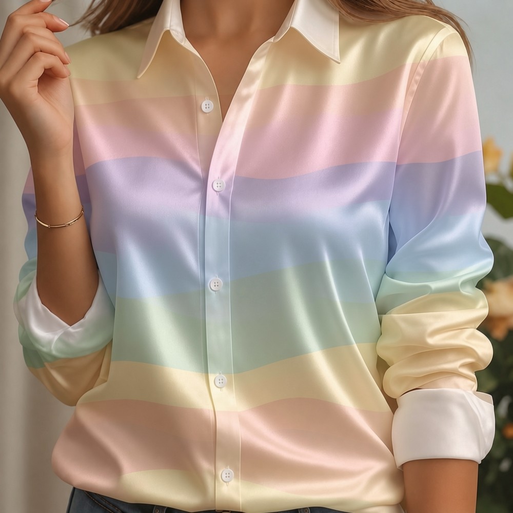 女性用サテンラペルカラーシャツ、パステルストライププリント、 - Women'S Work Fashion のレビューと価格