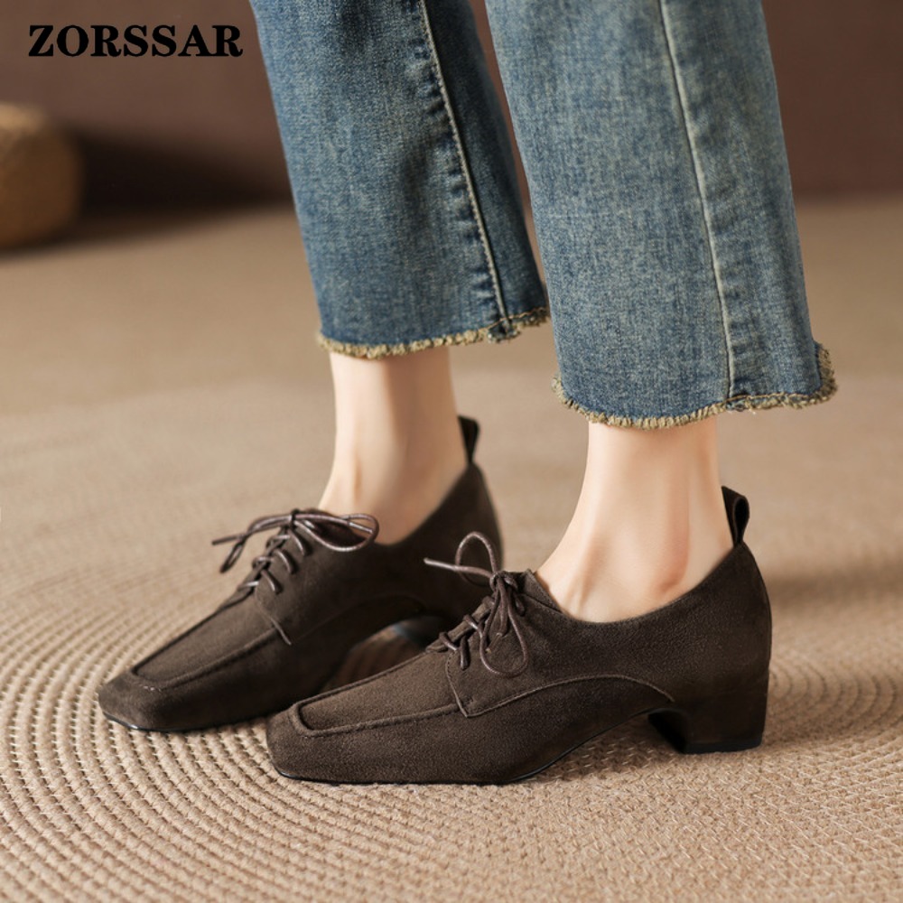レディース ブラウン スエード スクエアトゥ レースアップ  - Women Formal Office Wear Shoes のレビューと価格