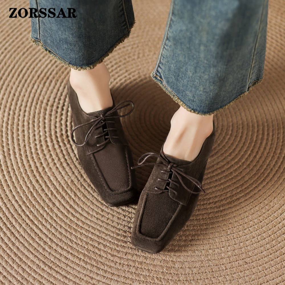 レディース ブラウン スエード スクエアトゥ レースアップ  - Women Formal Office Wear Shoes のレビューと価格