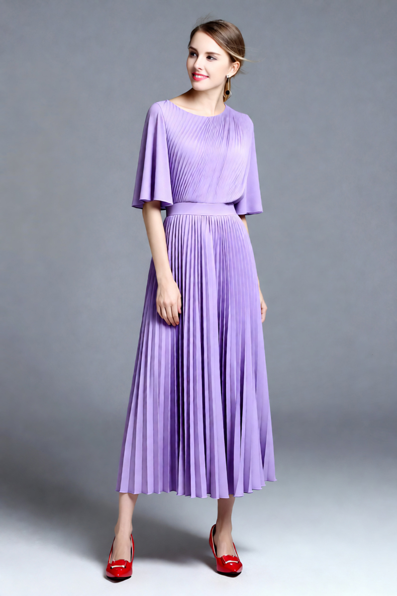 女性用ライラックケープスリーブプリーツミディドレス、ハイネッ - Women'S Formal Wear Wedding Guest のレビューと価格