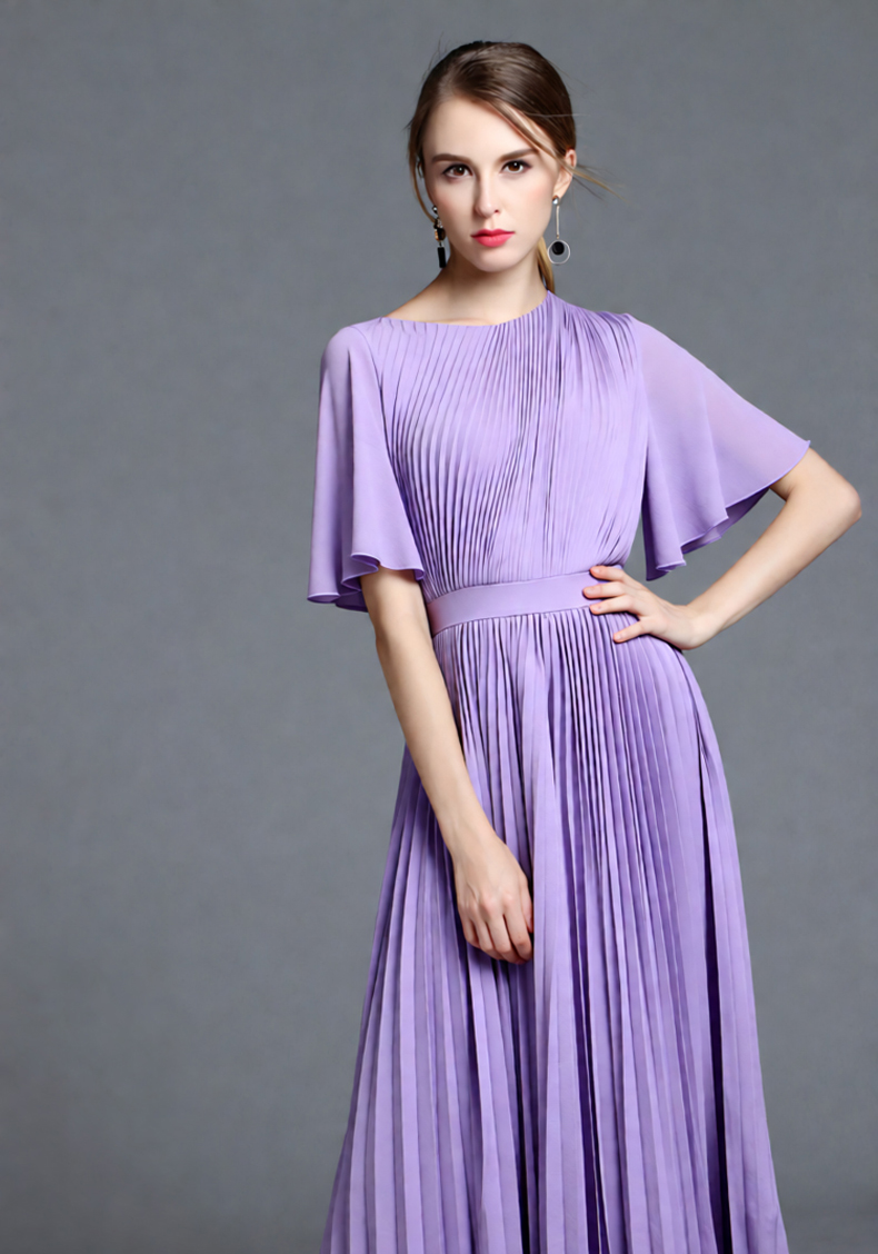 女性用ライラックケープスリーブプリーツミディドレス、ハイネッ - Women'S Formal Wear Wedding Guest のレビューと価格