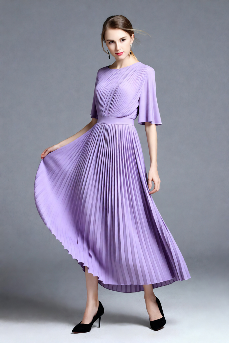 女性用ライラックケープスリーブプリーツミディドレス、ハイネッ - Women'S Formal Wear Wedding Guest のレビューと価格